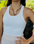 Beautiful Smoky Quartz statement necklace on model by Dorow Collection