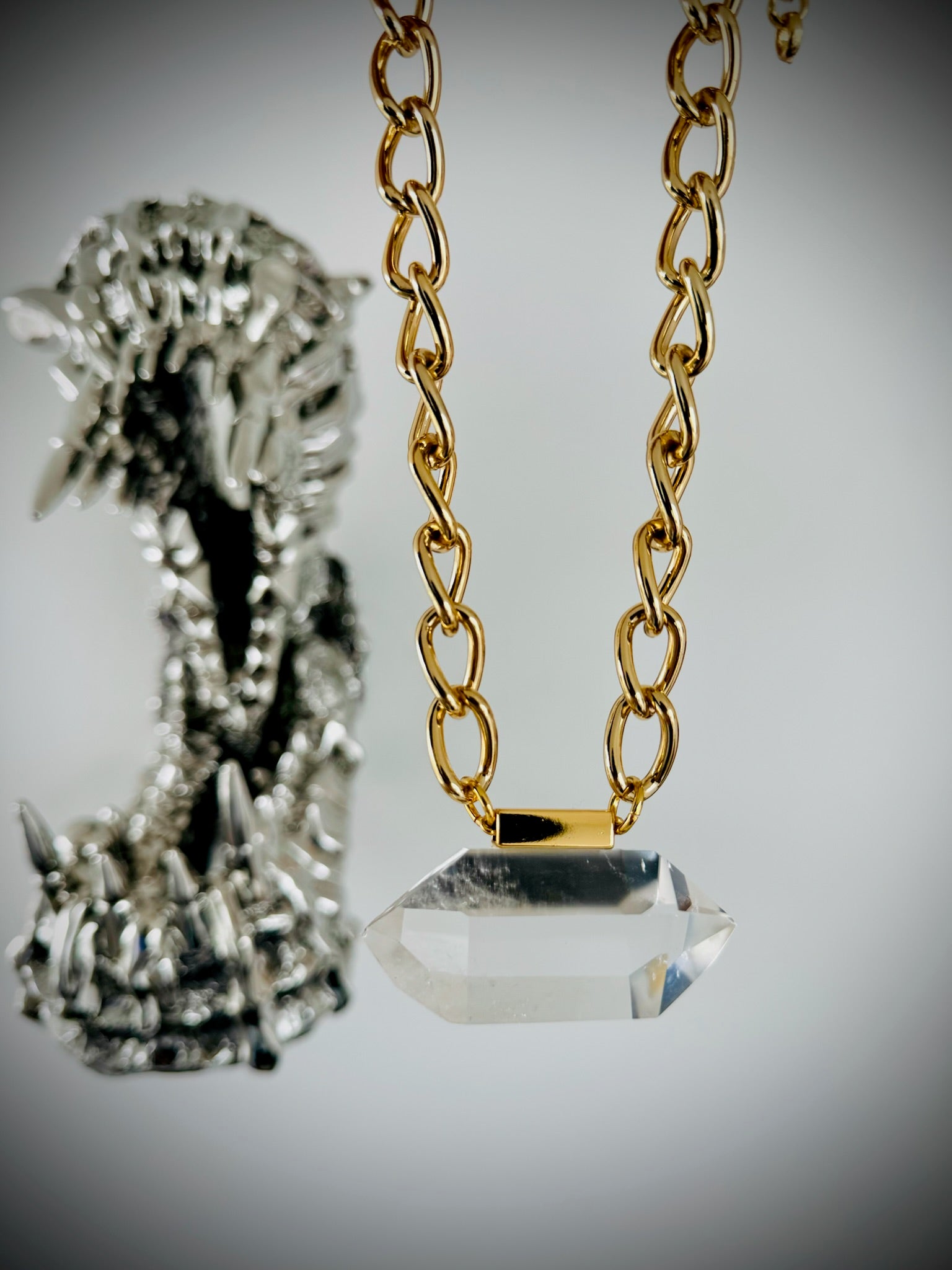 Zoe | Double-Terminated Clear Quartz Pendant on Golden Chain Zoe | Double-Terminated Clear Quartz Pendant on Golden Chain
