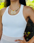 Luckie calcite necklace on model for Dorow Collection