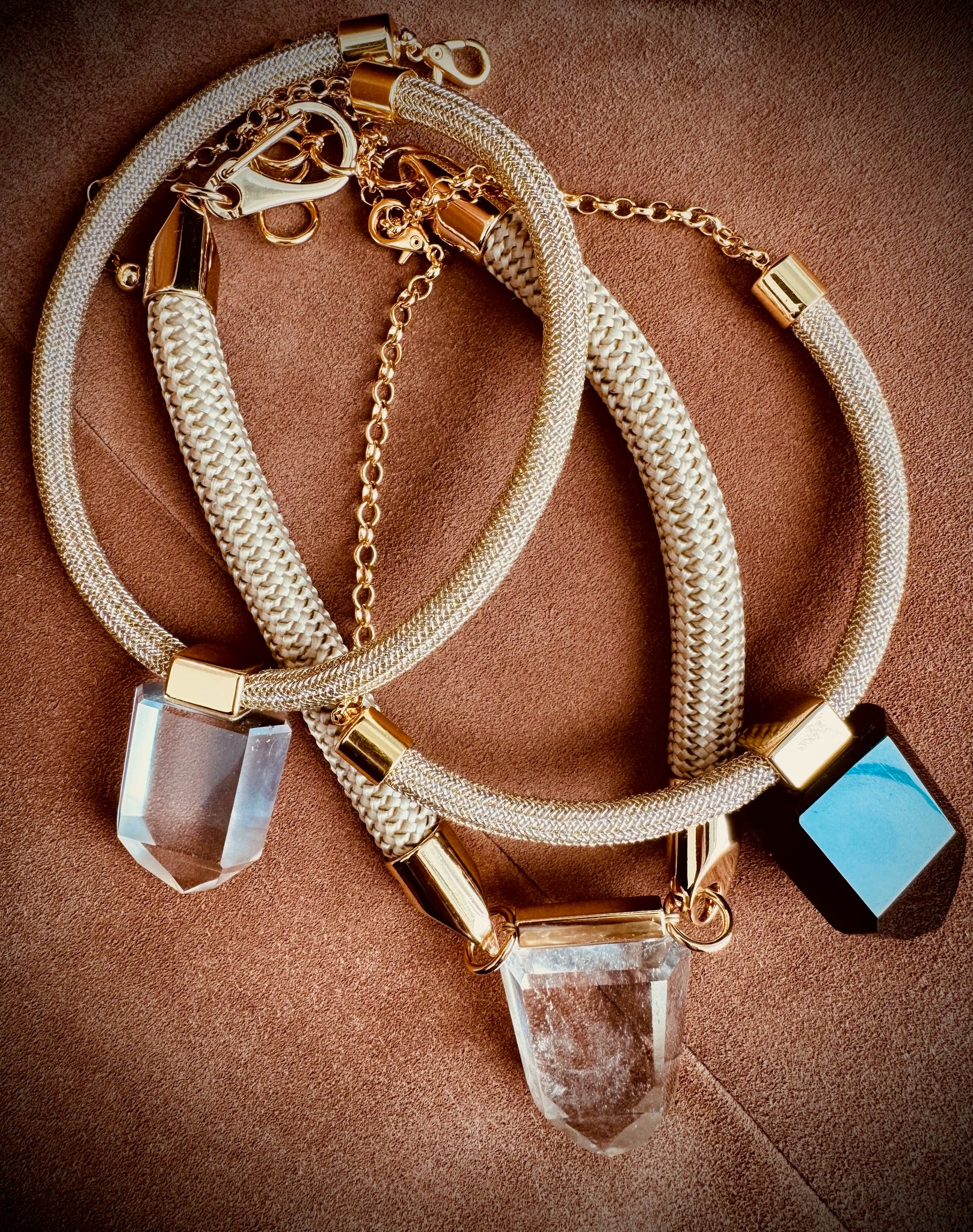 Lola  | Natural Clear Quartz Pendant on Woven Metallic Cord