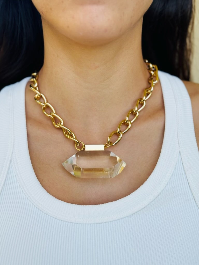 Zoe | Double-Terminated Clear Quartz Pendant on Golden Chain Zoe | Double-Terminated Clear Quartz Pendant on Golden Chain